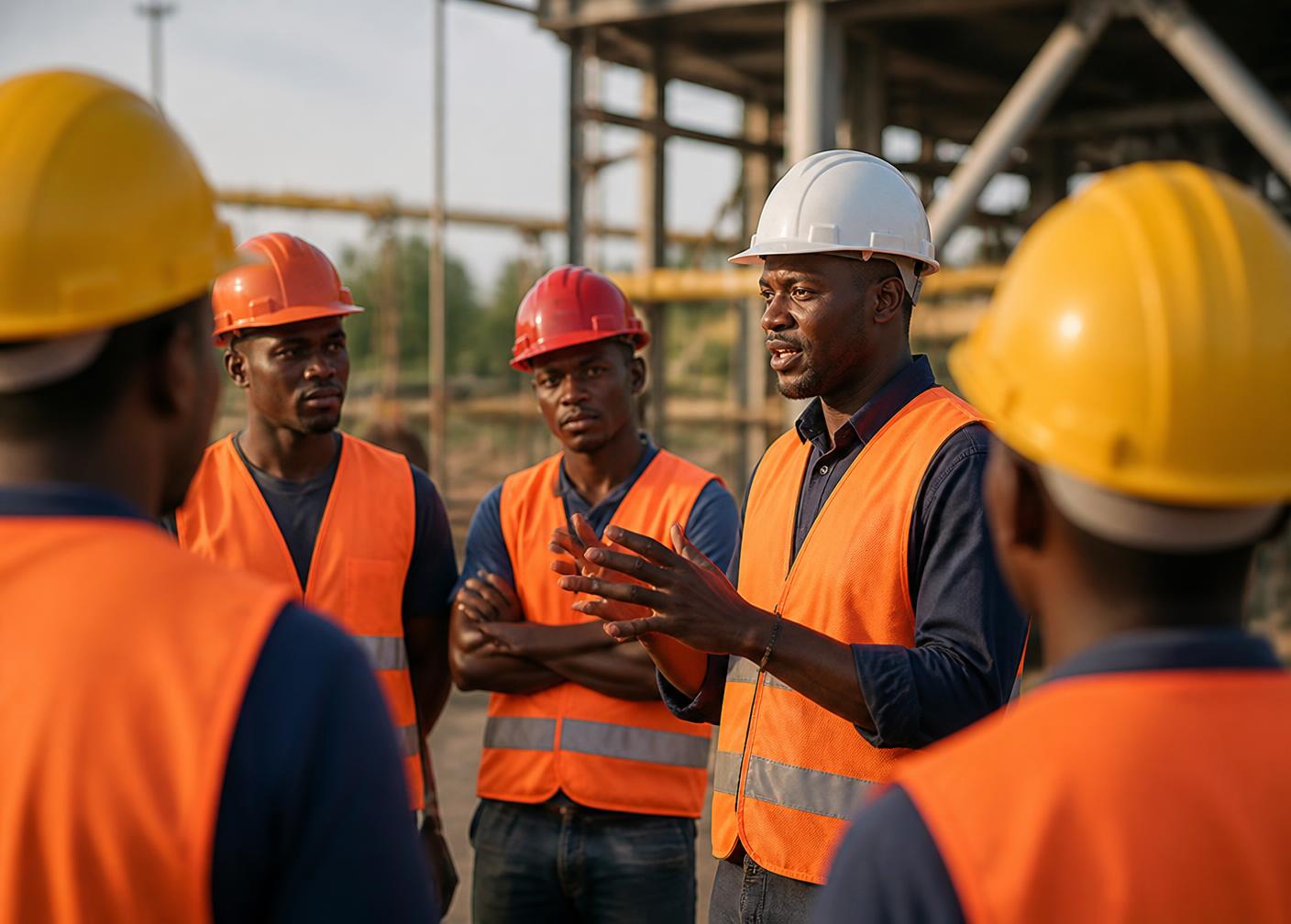 Mozambican workers in reflective vests during training at an industrial site
